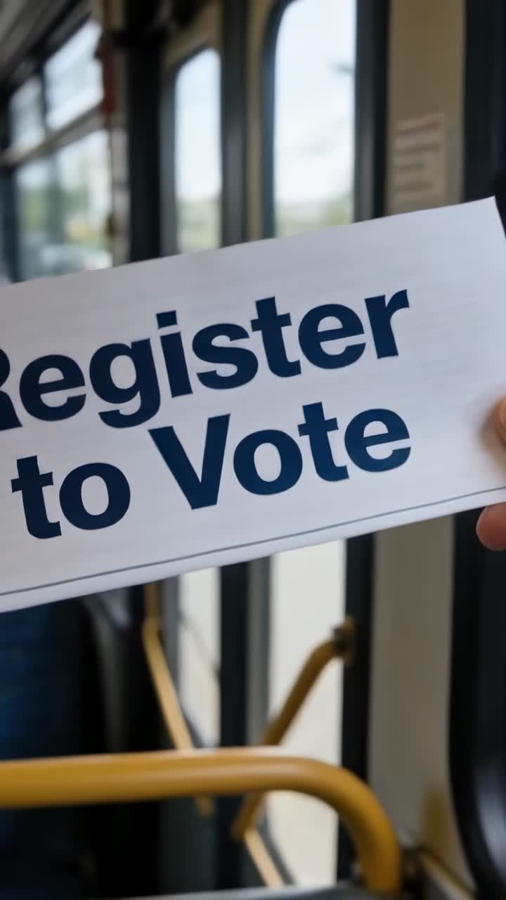Vertical video: Holding Register to Vote card by hand on bus motion causing tilting to show message