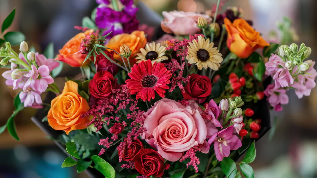 Lush floral bouquet combining vibrant roses, gerberas, and colorful blossoms creating elegant artisan crafted arrangement showcasing natural beauty and intricate design