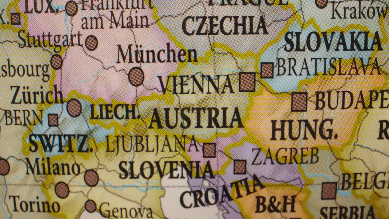 A close-up view of a map showing Central European countries and cities