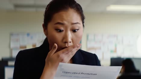a woman displays shock and joy upon reading surprising promotion news in a busy office. she wears professional attire and is surrounded by coworkers working in the background.