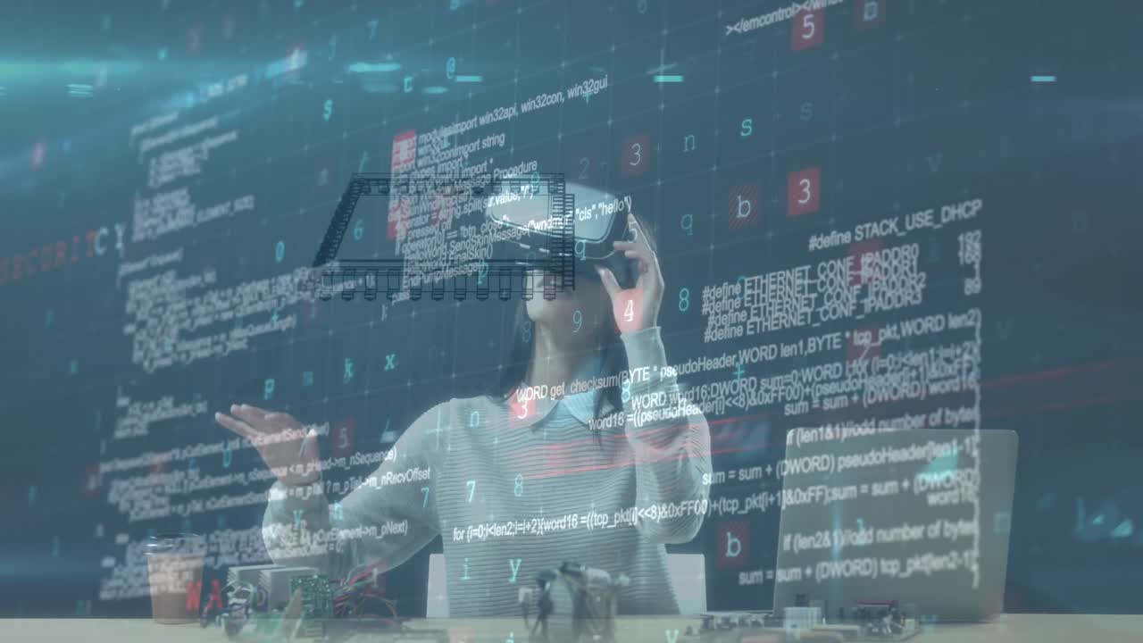 Animation of processor spinning and data processing over woman wearing vr headset
