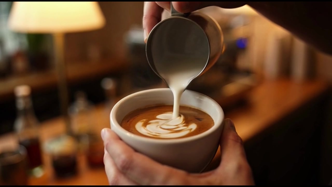 Barista che versa latte montato a vapore per creare latte art in una caffetteria