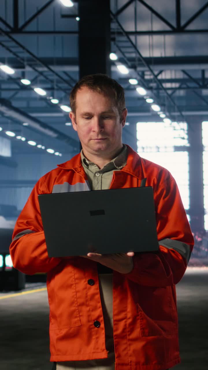 Vertical Video Technician oversees laptop and equipment to monitor steel production