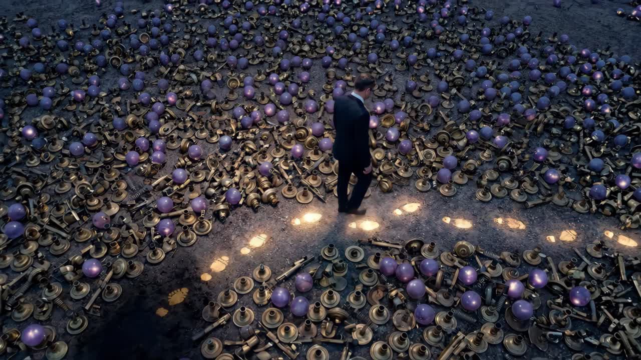 Man Walks on a Path of Glowing Footprints Among Light Bulbs