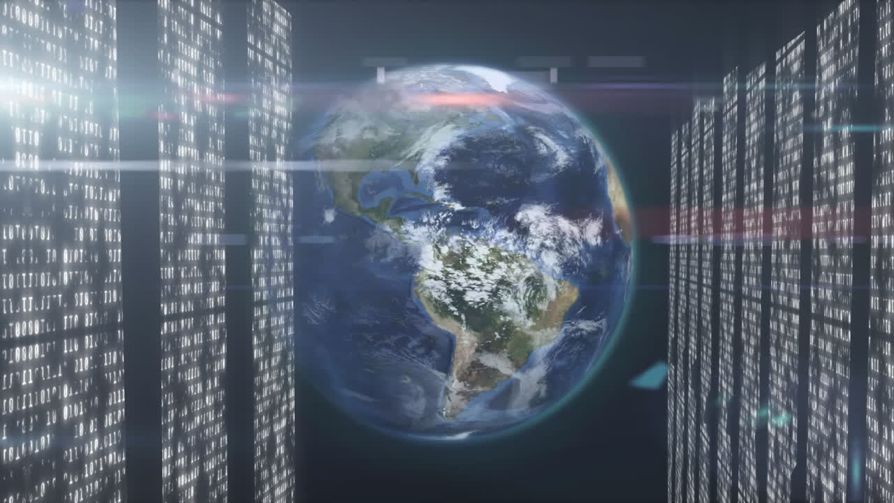 animación de la rotación del globo con procesadores de computadora en el fondo