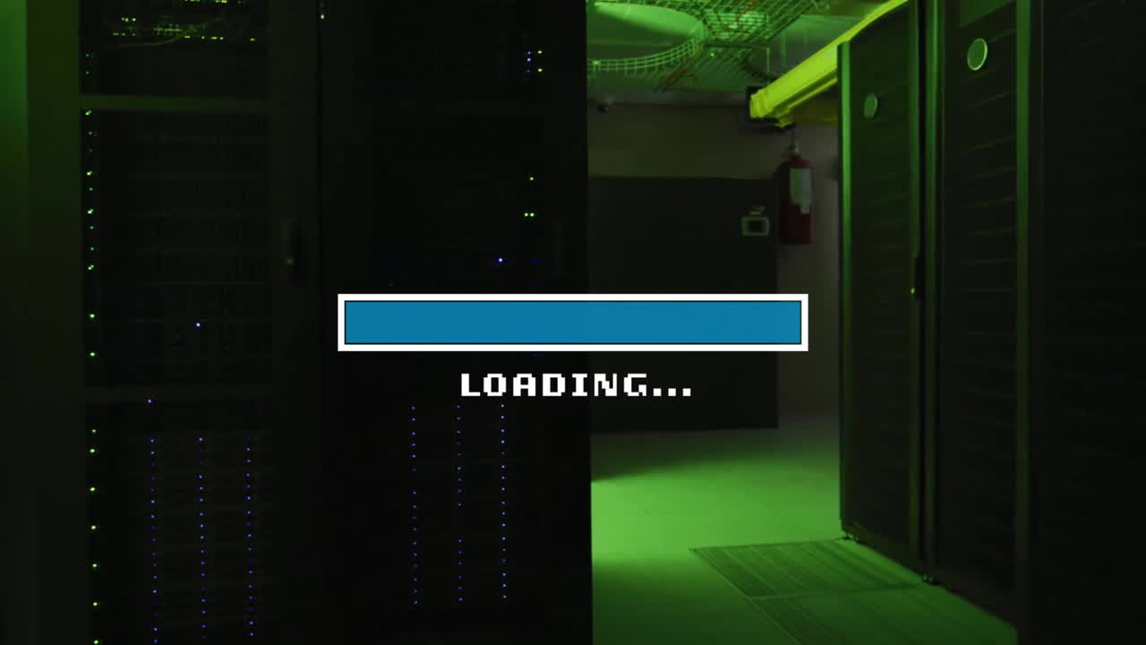 Animation of loading text and time bar over dark server room