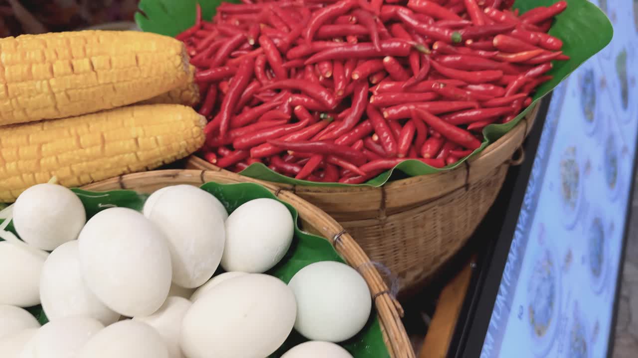 mercado de comida callejera tailandés con huevos, maíz y especias