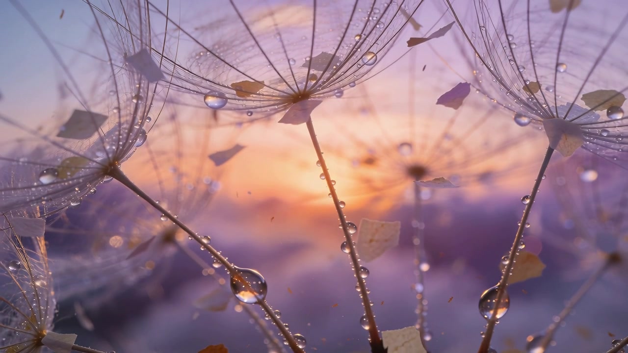 Gentle breeze nudging three dewy dandelion heads trembling, releasing seeds in meadow for dispersal
