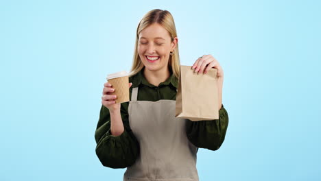 waitress, woman and coffee takeaway with bag