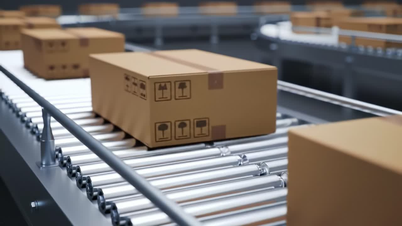 Automated Conveyor System Efficiently Transporting Cardboard Boxes in a Modern Warehouse Setting for Streamlined Packaging and Distribution Processes
