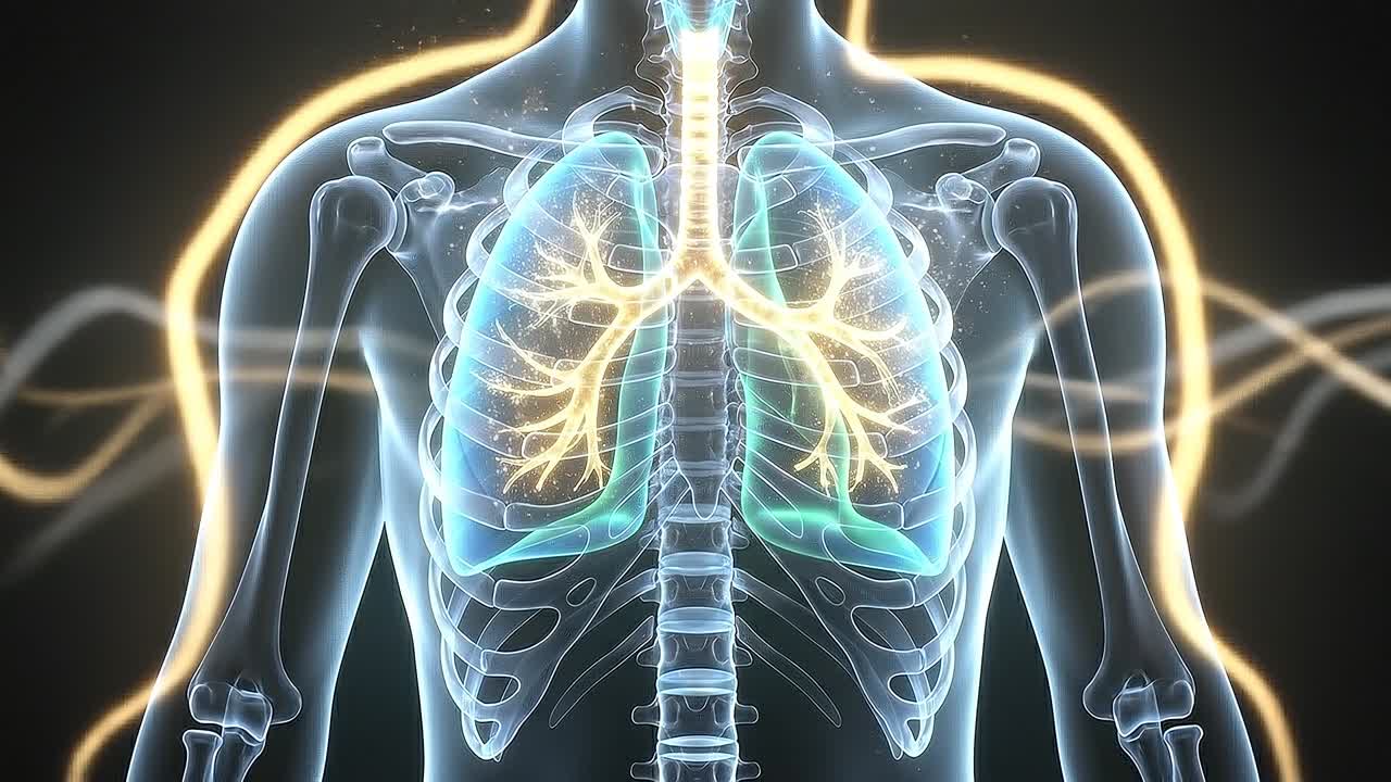 Anatomia del torace umano che mostra i polmoni illuminati dal flusso d'aria e il sistema respiratorio in un concetto di visualizzazione medica.