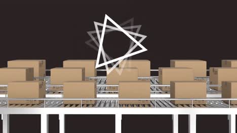 animation of rotating triangle over conveyor belts with boxes