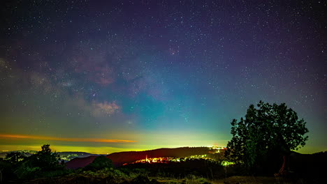 las estrellas y la vía láctea se deslizan en un cielo azul sobre un paisaje verde montañoso