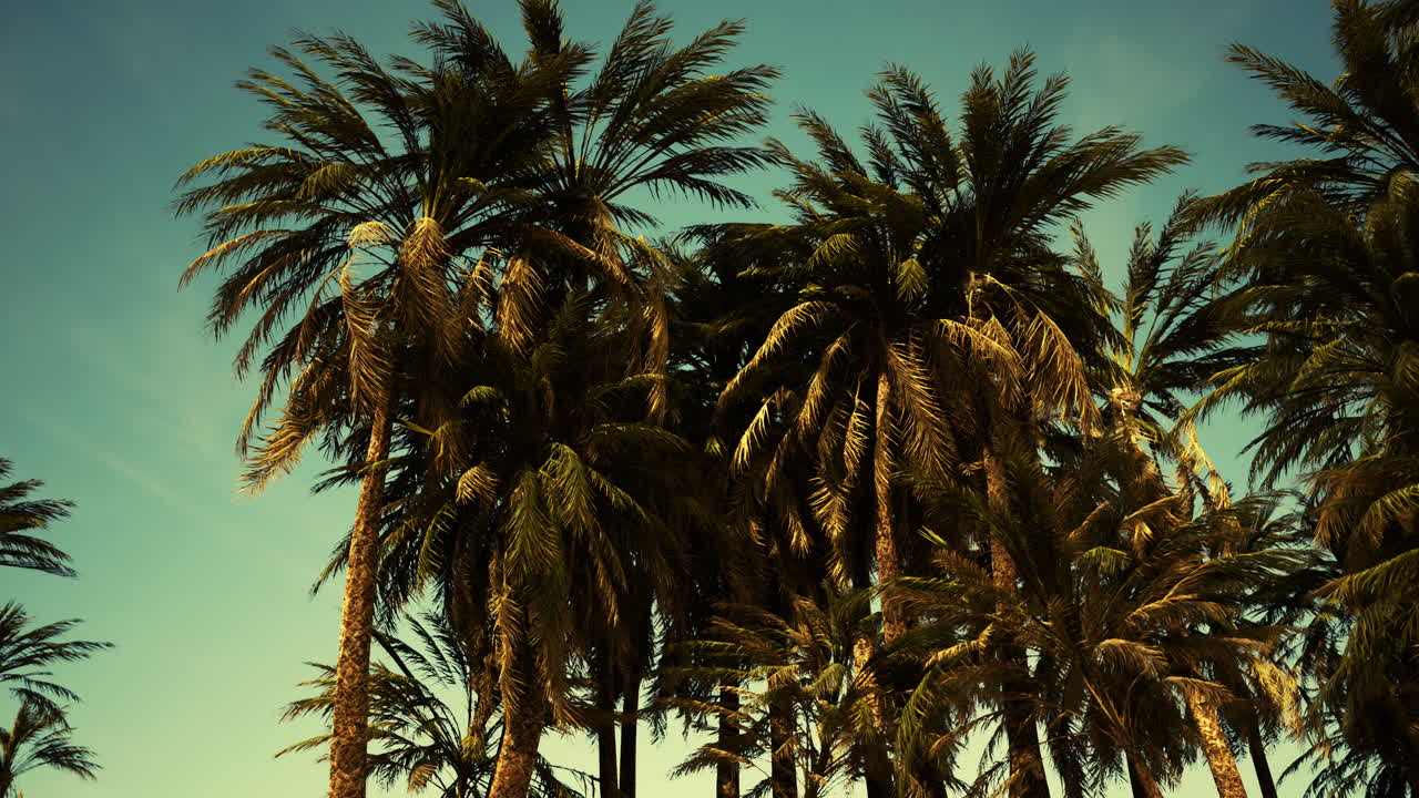 Underside of the coconuts tree with clear sky and shiny sun