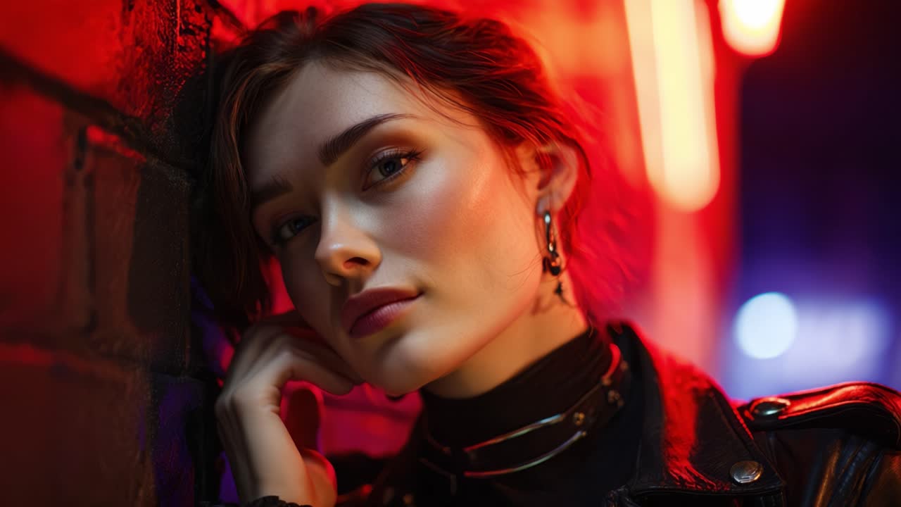 Intenso Ritratto Ravvicinato di una Donna Contro un Muro di Mattoni Illuminato al Neon, che Cattura Emozioni e Stile Audace con Illuminazione Drammatica e Affermazione di Moda