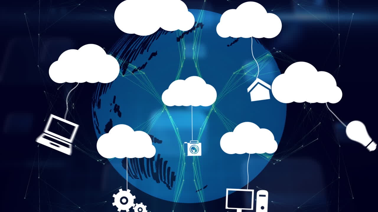 Animation of digital clouds with diverse computer devices over globe
