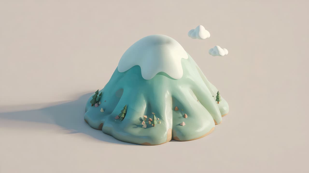 Animating mint-teal mountain as warm light shifting, lifting white snow cap and clouds in studio
