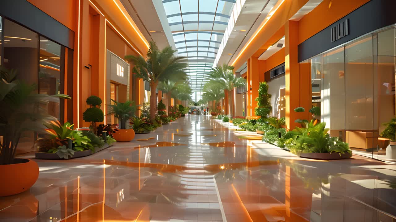 Modern Shopping Mall Interior with Orange Accents and Lush Palm Trees