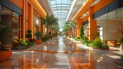 modern shopping mall interior with orange accents and lush palm trees