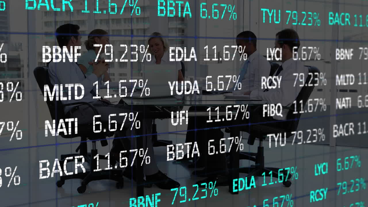 Stock market data processing against group of business people in a meeting