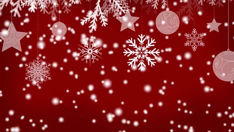 Hängende-Weihnachtsdekorationen-Und-Weihnachtsbaumsymbole-über-Weißen-Flecken,-Die-Auf-Roten-Hintergrund-Fallen
