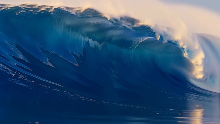 Close-up view of a large curling ocean wave with foamy crest, smooth reflective surface in the foreground, and warm light highlighting the breaking water