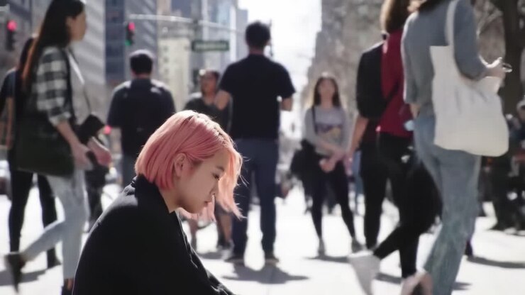 Un momento di riflessione: una giovane donna con i capelli rosa seduta in strada, circondata da un vivace ambiente cittadino, cattura il contrasto tra solitudine e attività