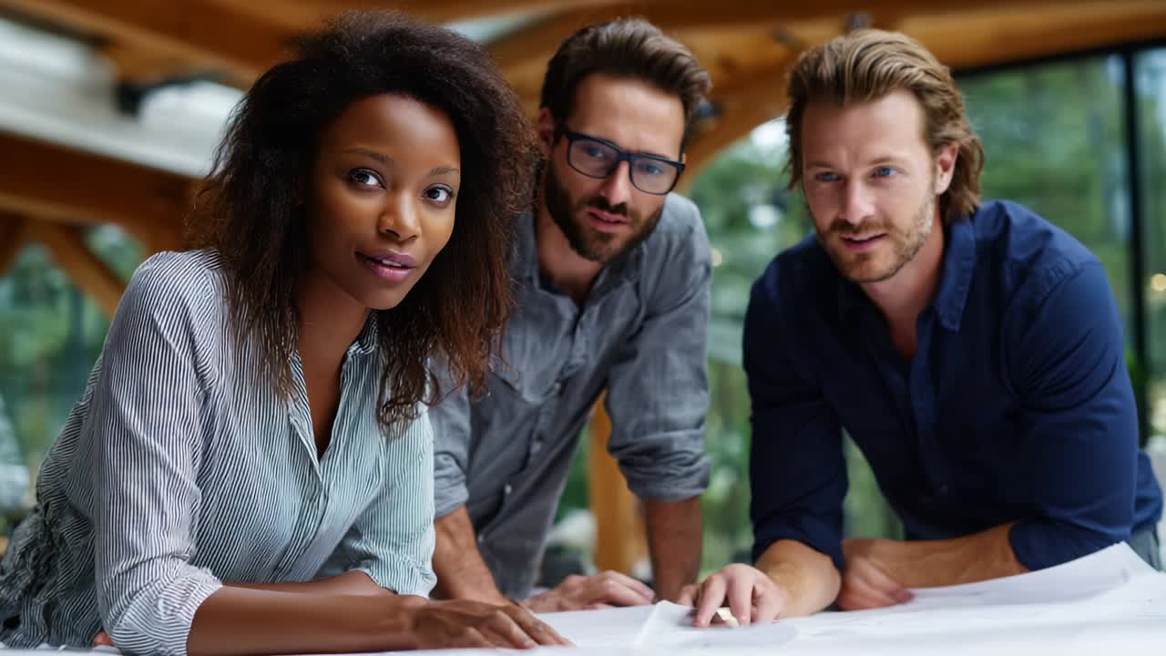 Three Professionals Engaged in a Collaborative Brainstorming Session While Analyzing Documents on a Table in a Creative Workspace with Natural Light Streaming Through Large Windows