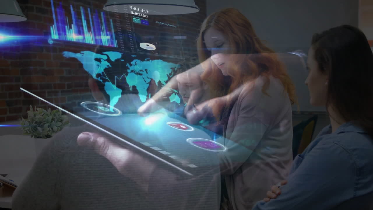 Collaborating in office, business team using digital interface for data animation