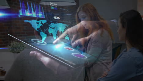 collaborating in office, business team using digital interface for data animation