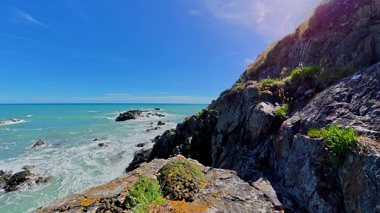 Timelapse da vista do penhasco do Mar da Irlanda, com ondas sobre recifes e armérias crescendo na beira do penhasco. Verão na Costa do Cobre, Waterford, locais épicos.