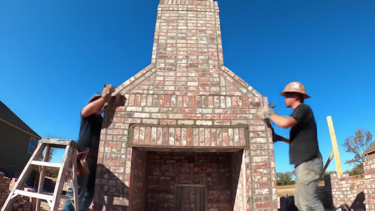 A skilled mason carefully builds a brick chimney under a clear blue sky. The project showcases craftsmanship and attention to detail in outdoor construction work.