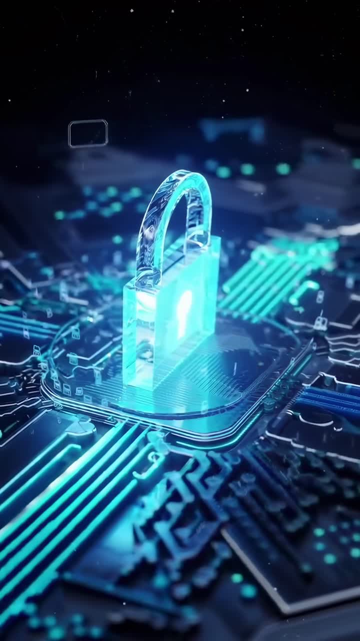 Futuristic video of a glowing lock on a circuit board, shot from a high angle