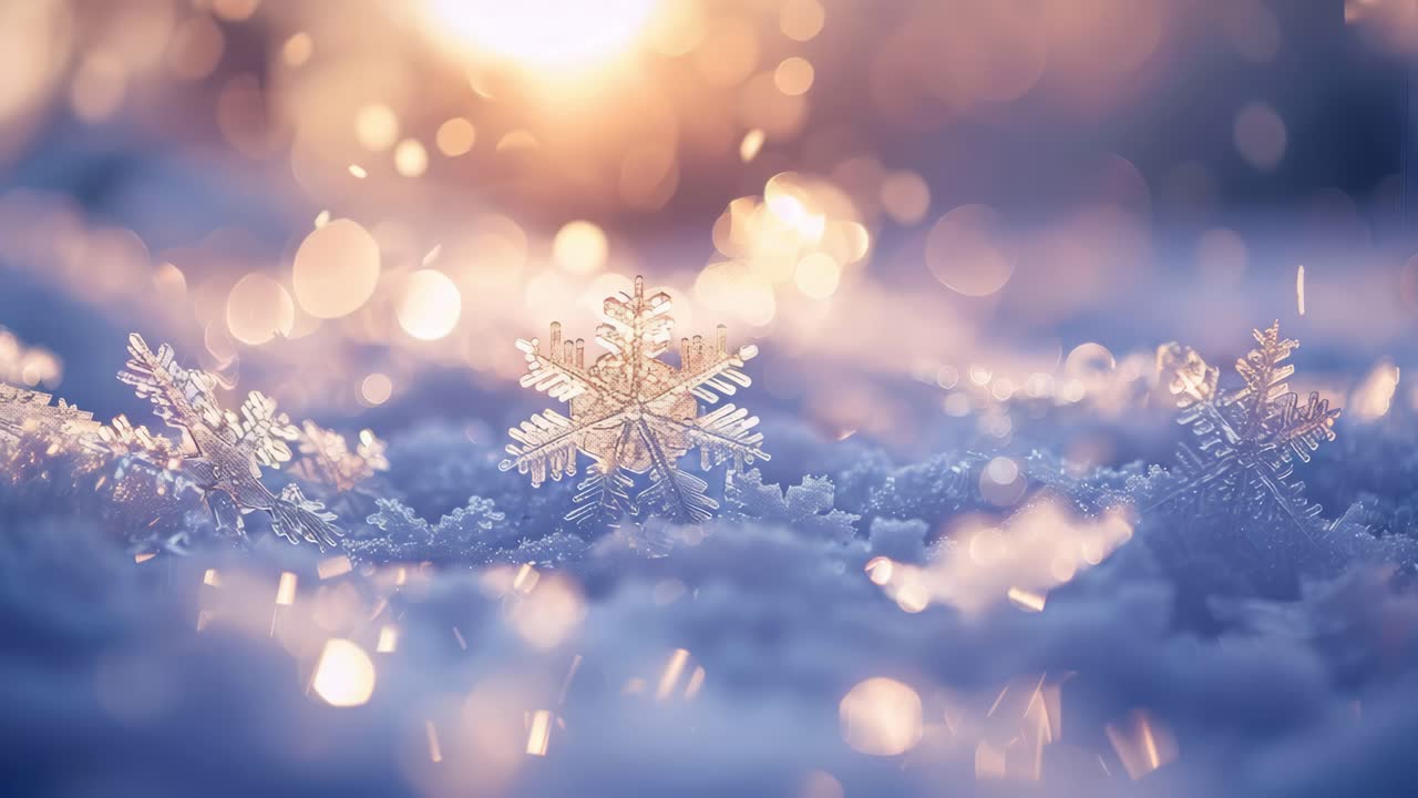 Close-up of snowflakes on a snowy surface, captured at eye level. The soft focus and warm lighting
