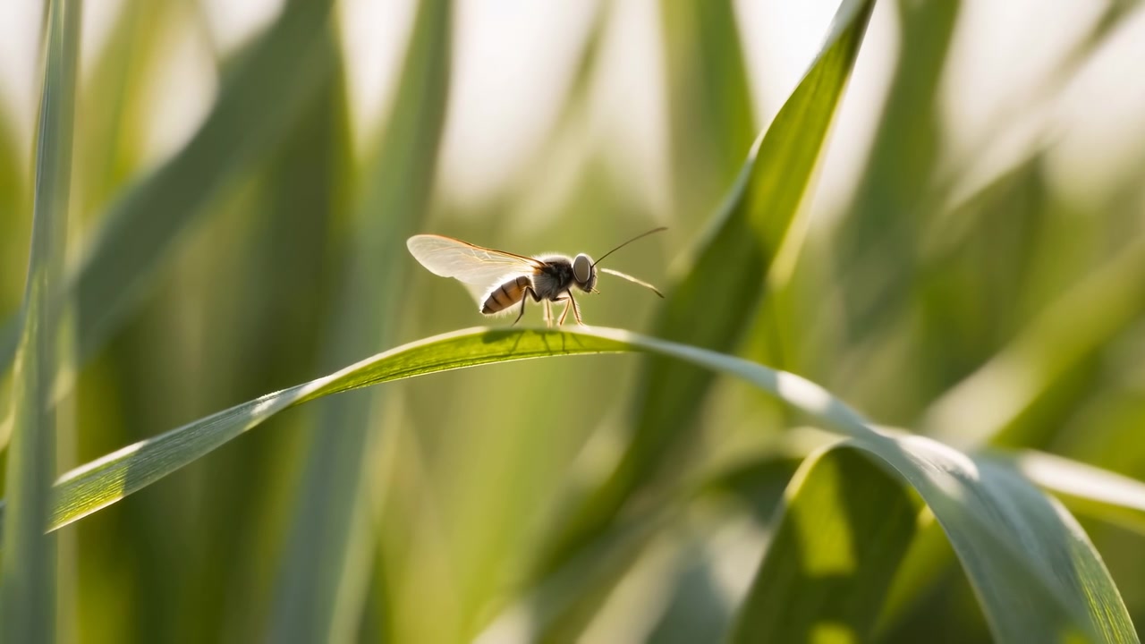Una vista ravvicinata mostra una libellula posata su una foglia d'erba piegata con ali traslucide, fogliame verde dietro, luce calda del giorno, messa a fuoco superficiale e una calma composizione naturale all'aperto.