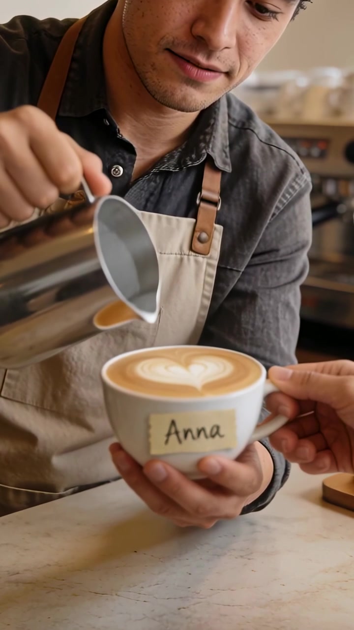 Video verticale: Anna, barista in grembiule, versa un latte art a forma di cuore con una lattiera d'acciaio in un caffè.