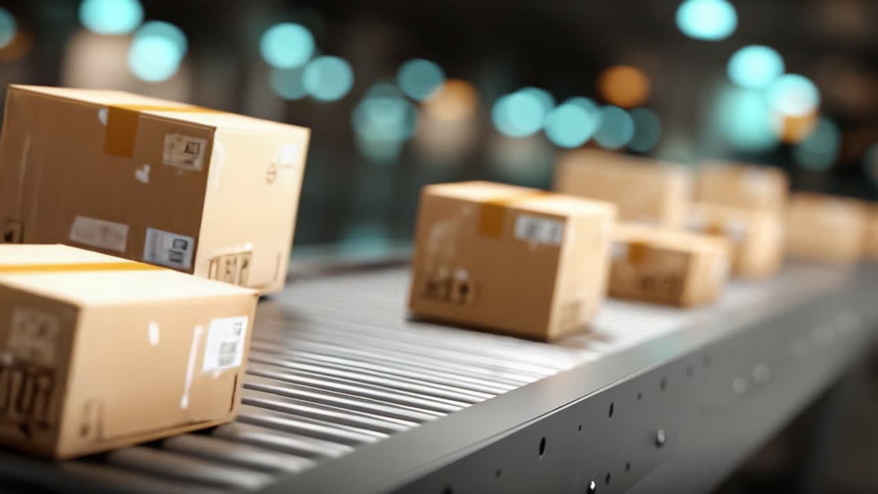 Detailed View of Packages Progressing Along a Conveyor Belt in a Distribution Center, Showcasing Logistics Operations and Modern Shipping Practices