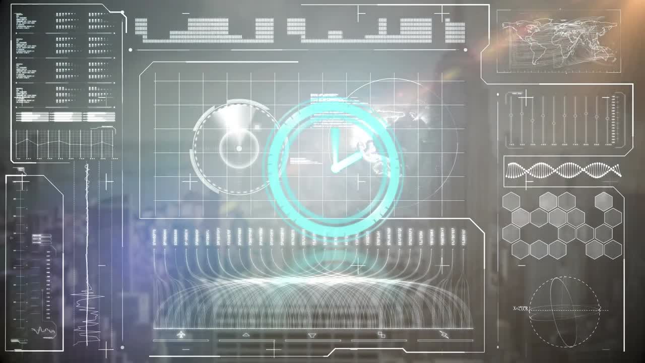 Animation of clock moving over data on grey background and cityscape