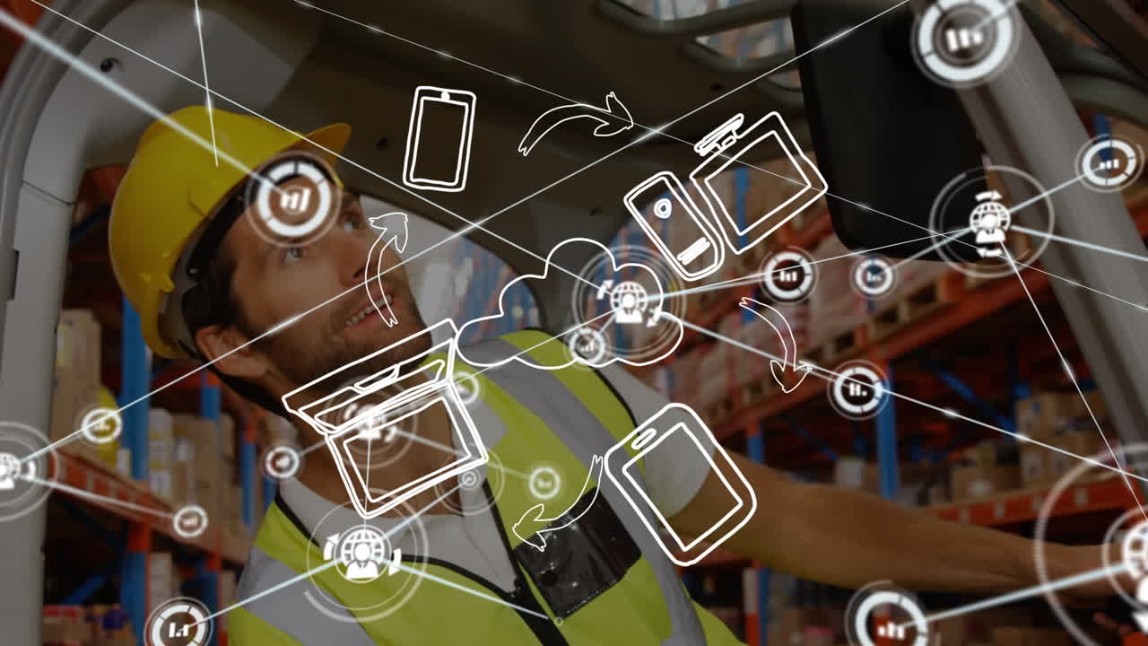 animación de la red de conexiones con iconos digitales sobre el hombre que trabaja en el almacén