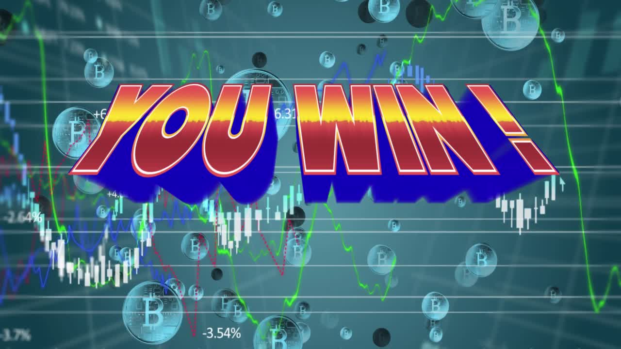 animación de usted ganar en el espacio abstracto digital con gráficos y bitcoins