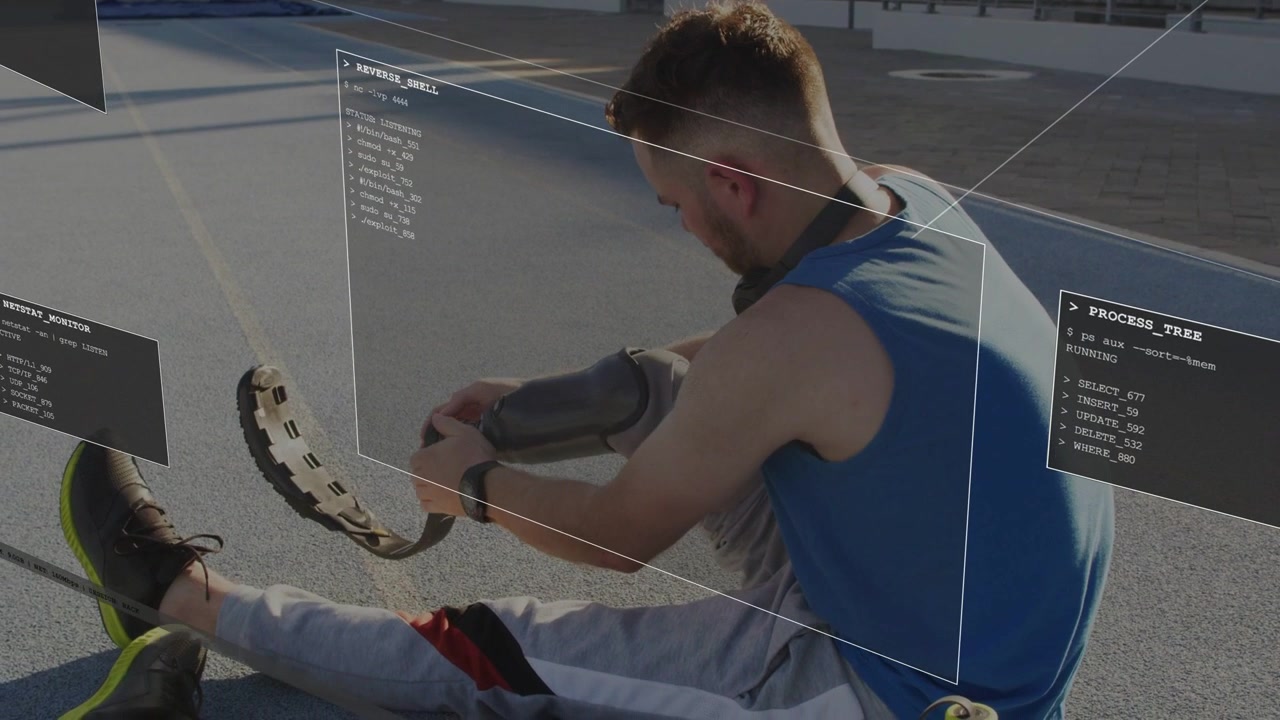 Man seated on sunlit track aligning detached carbon-fiber blade with AR HUD guiding fit for run