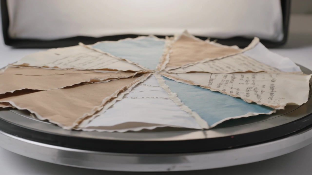 Motor starting, handmade patchwork rotating on turntable, revealing stitched seams and handwriting