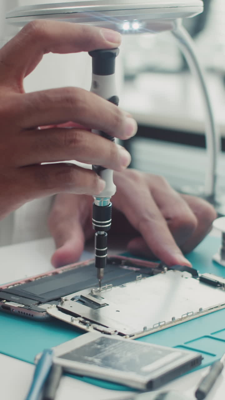 Hands of Specialist Unscrewing Phone Battery