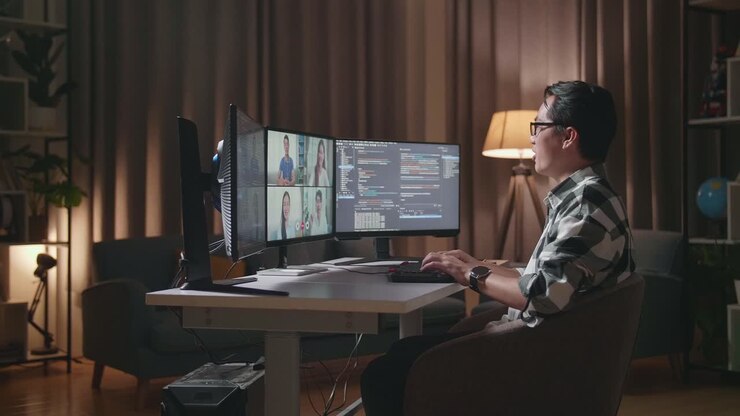 Man working from home on video call and coding