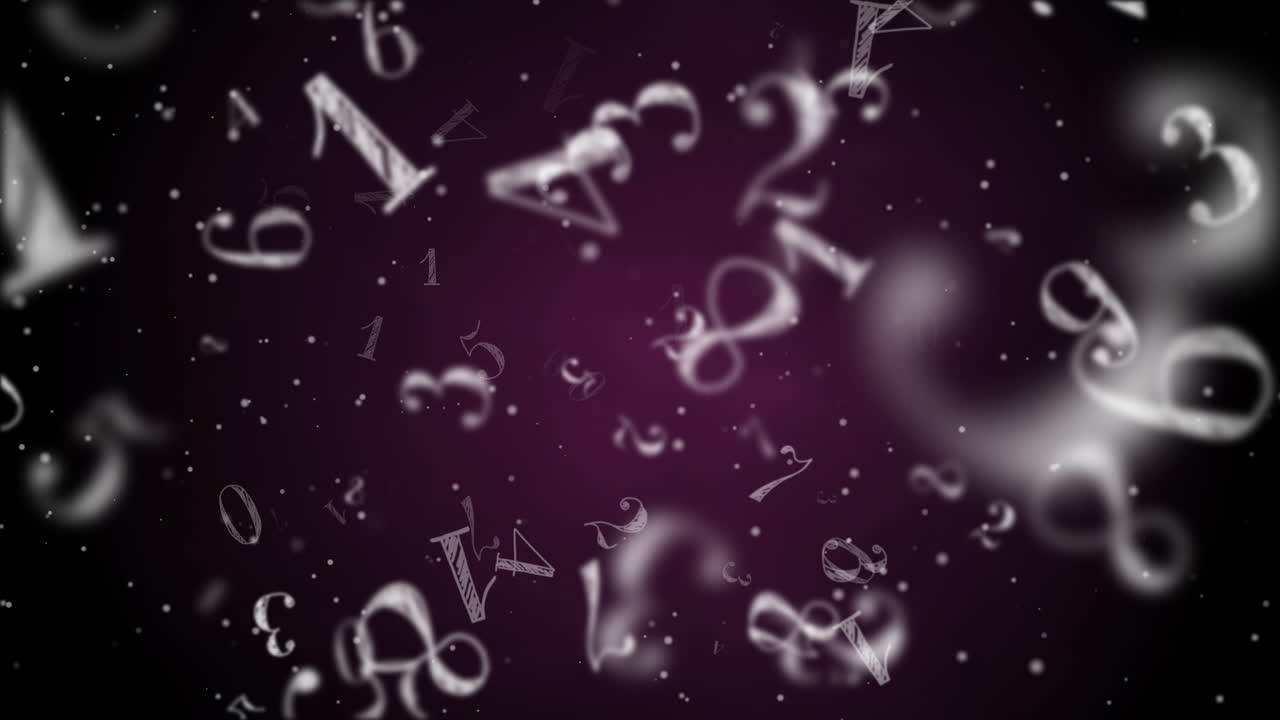 Flowing numbers on dark purple background. Looped animation of flying numbers.