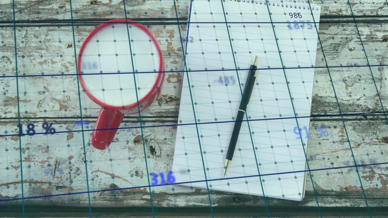 Scanner activating grid overlay over red mug and spiral notebook, floating stats visualizing data