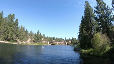 aerial of a paddle boarder down a river