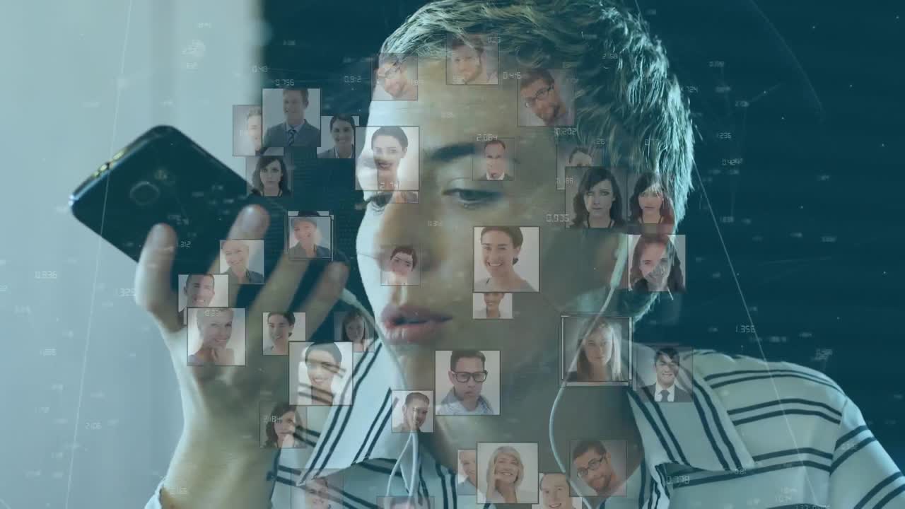 animación de mujer caucásica con auriculares y sobre las personas imágenes flotantes