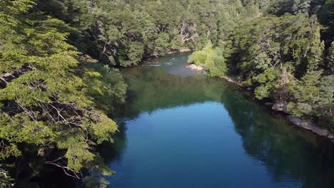 Idyllic-and-peaceful-atmosphere-over-mountain-river,-aerial-recorded-at-Patagonia,-Argentina,-South-America