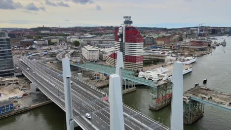 new iconic structure in downtown gothenburg, the hisingsbron bridge - aerial drone shot